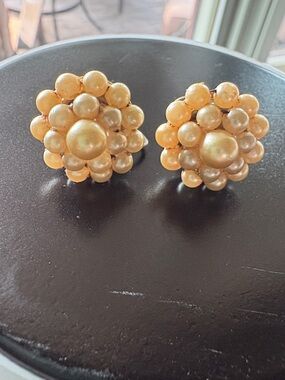 Vintage Gold-Tone Cluster Pearl Button Earrings